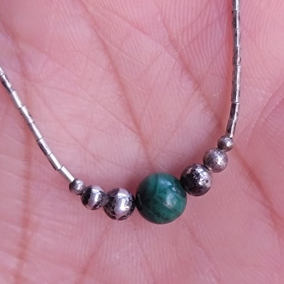 Vintage Native American handmade sterling balls, malachite ball, liquid silver h - Picture 2 of 14